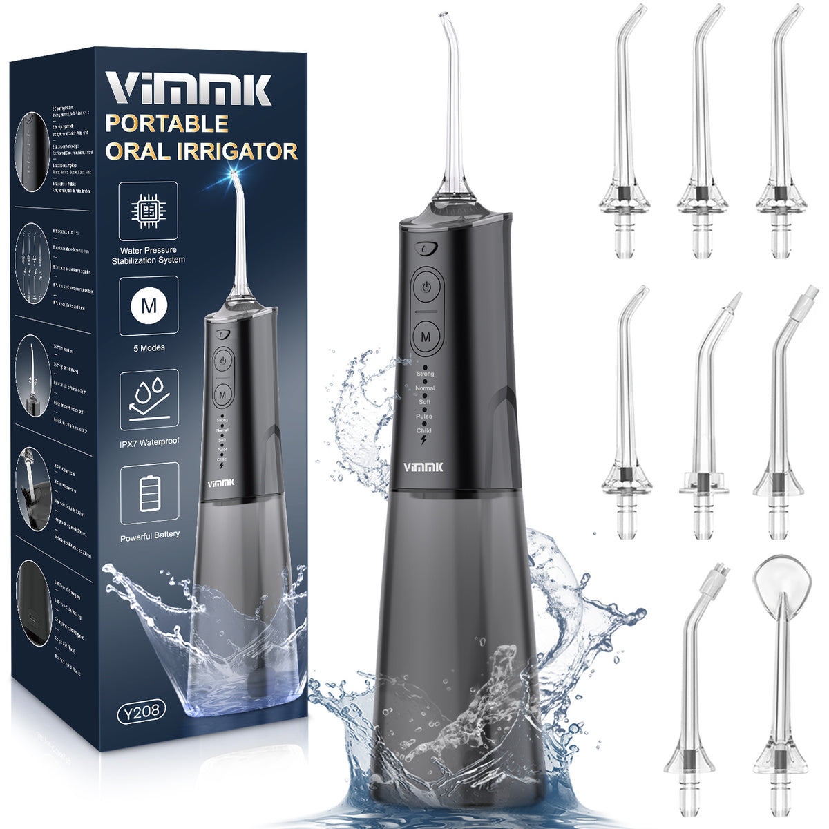 Munddusche Kabellos Elektrischer Zahnreiniger, Vimmk Zahndusche Water Flosser 5 Modi & 8 Düsen USB-C Wiederaufladbare Wasser Flosser IPX7 Wasserdicht, 300ML Wassertank Mund Reiniger(Schwarz)
