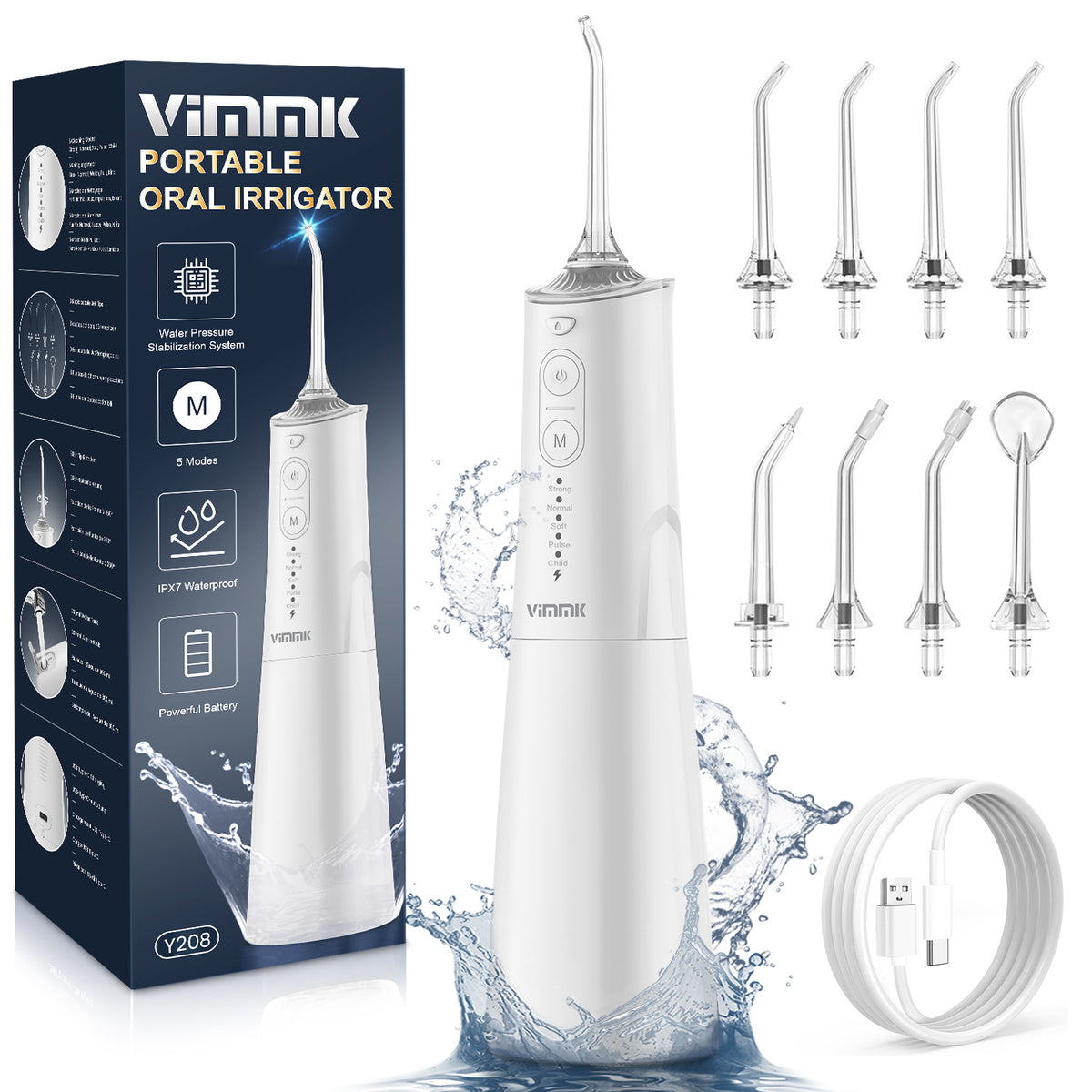 Munddusche Kabellos,Vimmk Elektrische Zahnreiniger Water Flosser 5 Modi & 8 Düsen, Tragbare Wasserflosser 300ML Zahndusche IPX7 Wasserdicht, Oral Munddusche Testsieger für Mundpflege & Reinigung(Weiß)