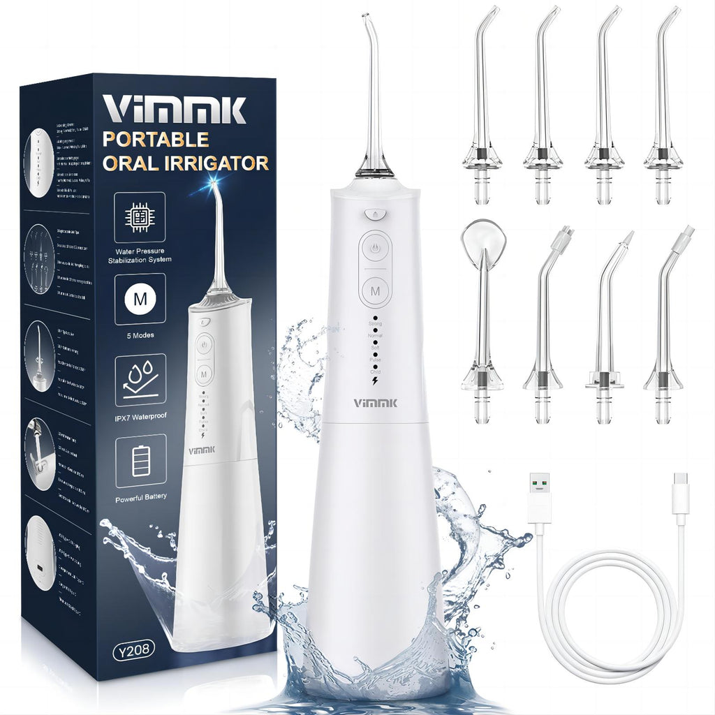Irrigador Bucal Portatil, Vimmk Irrigador Dental Inalámbrico Profesional 8 Boquillas 5 Modos, IPX7 Impermeable 300ML USB-C Recargable Para Limpieza Dientes, Para el Hogar y los Viajes (Blanco)