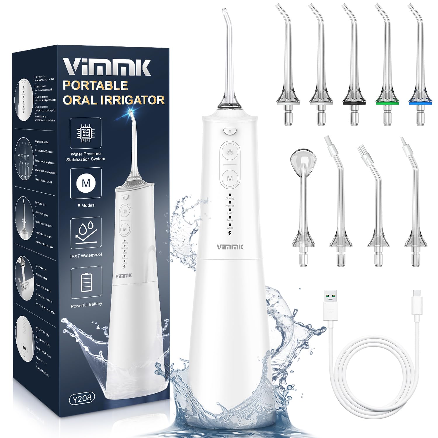 VIMMK Water Flosser, Cordless Water Dental Flosser, 9 Jet Tips 5 Modes 300ML IPX7 Waterproof, Portable Rechargeable Oral Irrigator for Home Travel - Gums, Orthodontic, Braces Care - White