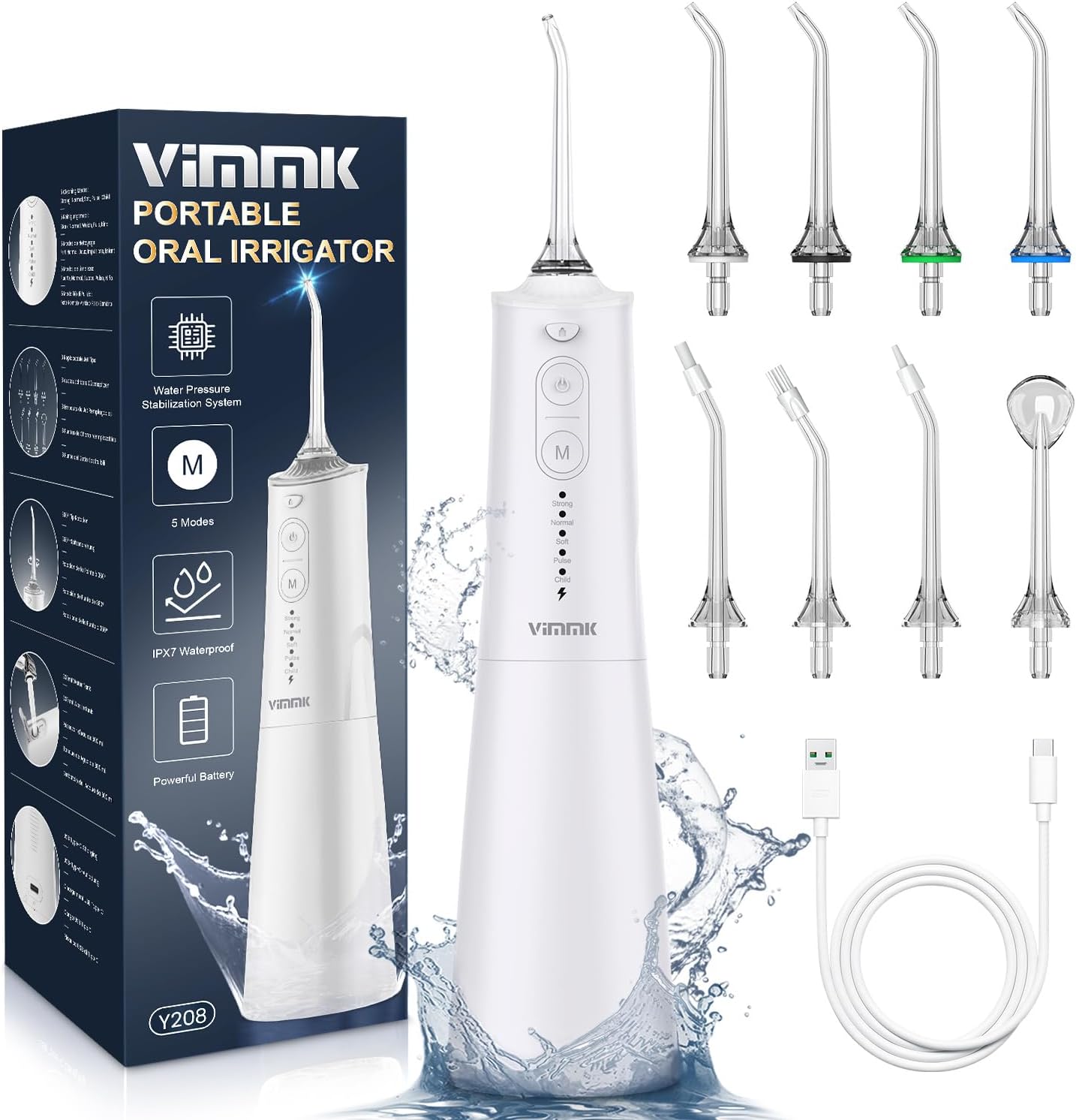 Jet Dentaire Hydropulseur et Irrigateurs Oral avec 5 Modes de Pression d'eau et 8 Embouts Remplaçables, Rechargeable et Étanche IPX7, Réservoir 300ML (Blanc)