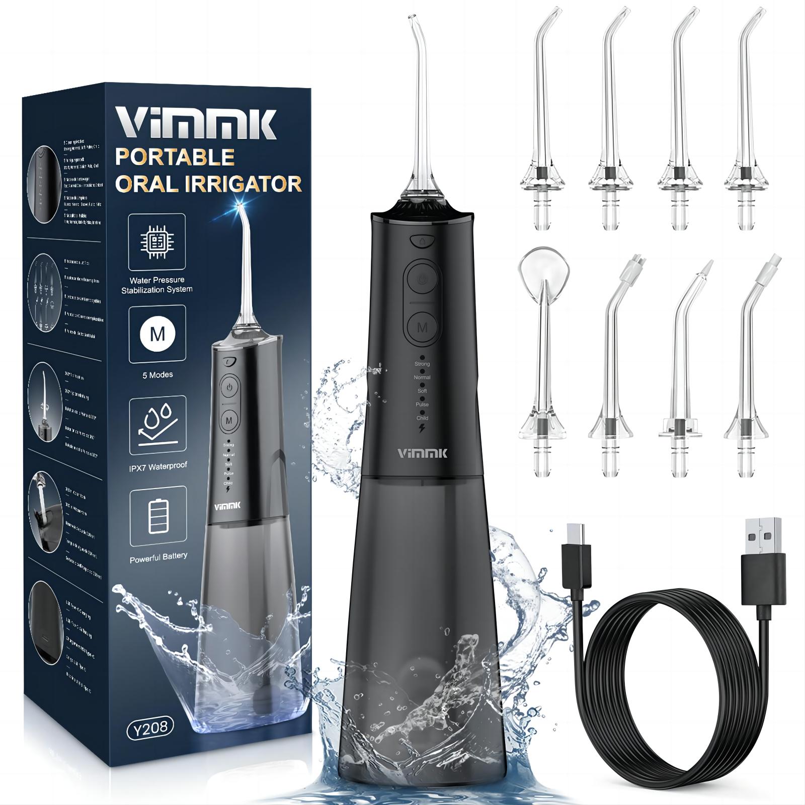 Irrigador Bucal Portatil, Vimmk Irrigador Dental Inalámbrico Profesional 8 Boquillas 5 Modos, IPX7 Impermeable 300ML USB-C Recargable Para Limpieza Dientes, Para el Hogar y los Viajes (Blanco)
