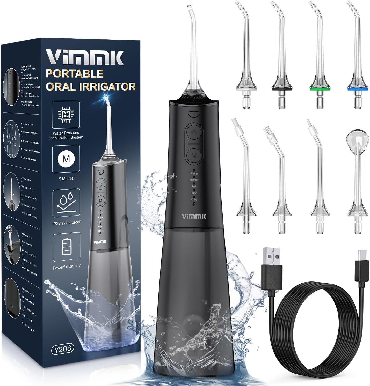 Jet Dentaire Hydropulseur et Irrigateurs Oral avec 5 Modes de Pression d'eau et 8 Embouts Remplaçables, Rechargeable et Étanche IPX7, Réservoir 300ML (Noir)