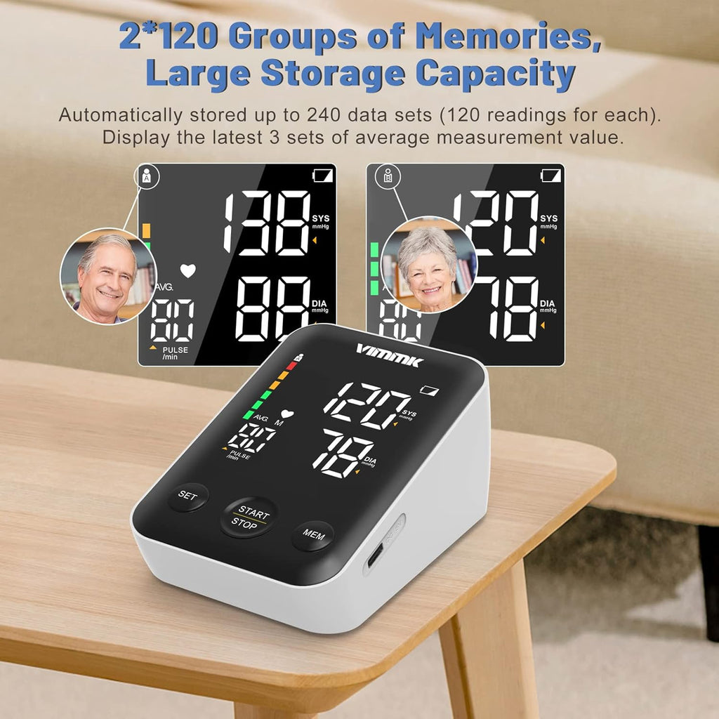Blood Pressure Monitor, Vimmk Upper Arm Blood Pressure Machines for Home Use Accurate BP Cuff LED Backlight Display Heart Rate Detection 2x120 Records