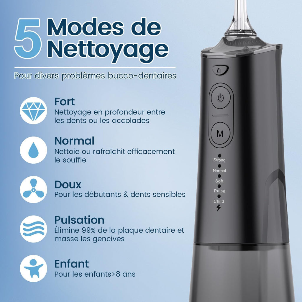 Jet Dentaire Hydropulseur et Irrigateurs Oral avec 5 Modes de Pression d'eau et 8 Embouts Remplaçables, Rechargeable et Étanche IPX7, Réservoir 300ML (Noir)