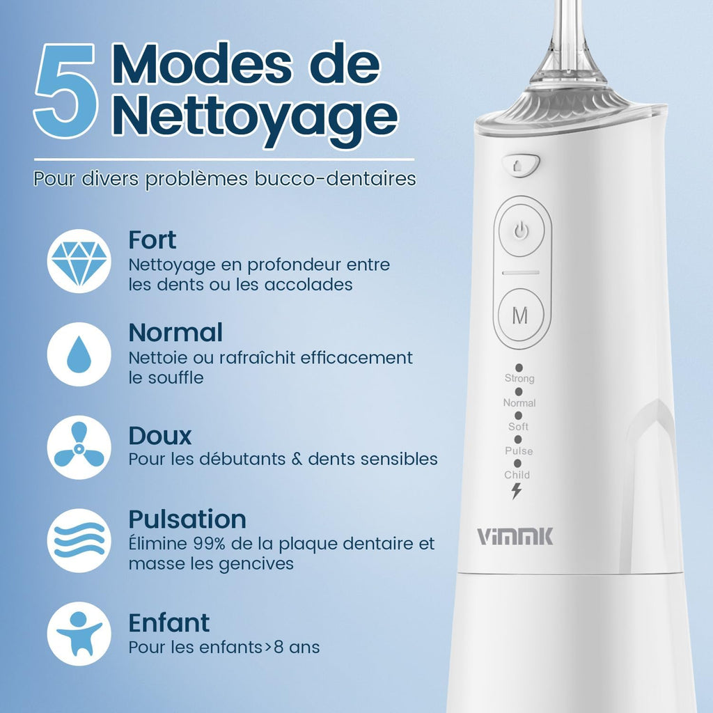 Jet Dentaire Hydropulseur et Irrigateurs Oral avec 5 Modes de Pression d'eau et 8 Embouts Remplaçables, Rechargeable et Étanche IPX7, Réservoir 300ML (Blanc)