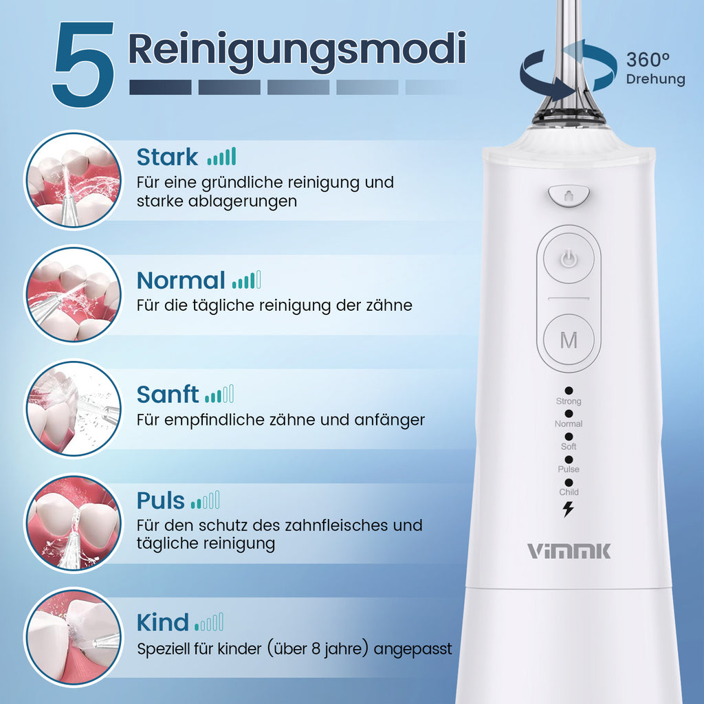 Munddusche Kabellos,Vimmk Elektrische Zahnreiniger Water Flosser 5 Modi & 8 Düsen, Tragbare Wasserflosser 300ML Zahndusche IPX7 Wasserdicht, Oral Munddusche Testsieger für Mundpflege & Reinigung(Weiß)
