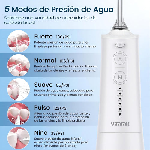 Irrigador Bucal Portatil, Vimmk Irrigador Dental Inalámbrico Profesional 8 Boquillas 5 Modos, IPX7 Impermeable 300ML USB-C Recargable Para Limpieza Dientes, Para el Hogar y los Viajes (Blanco)