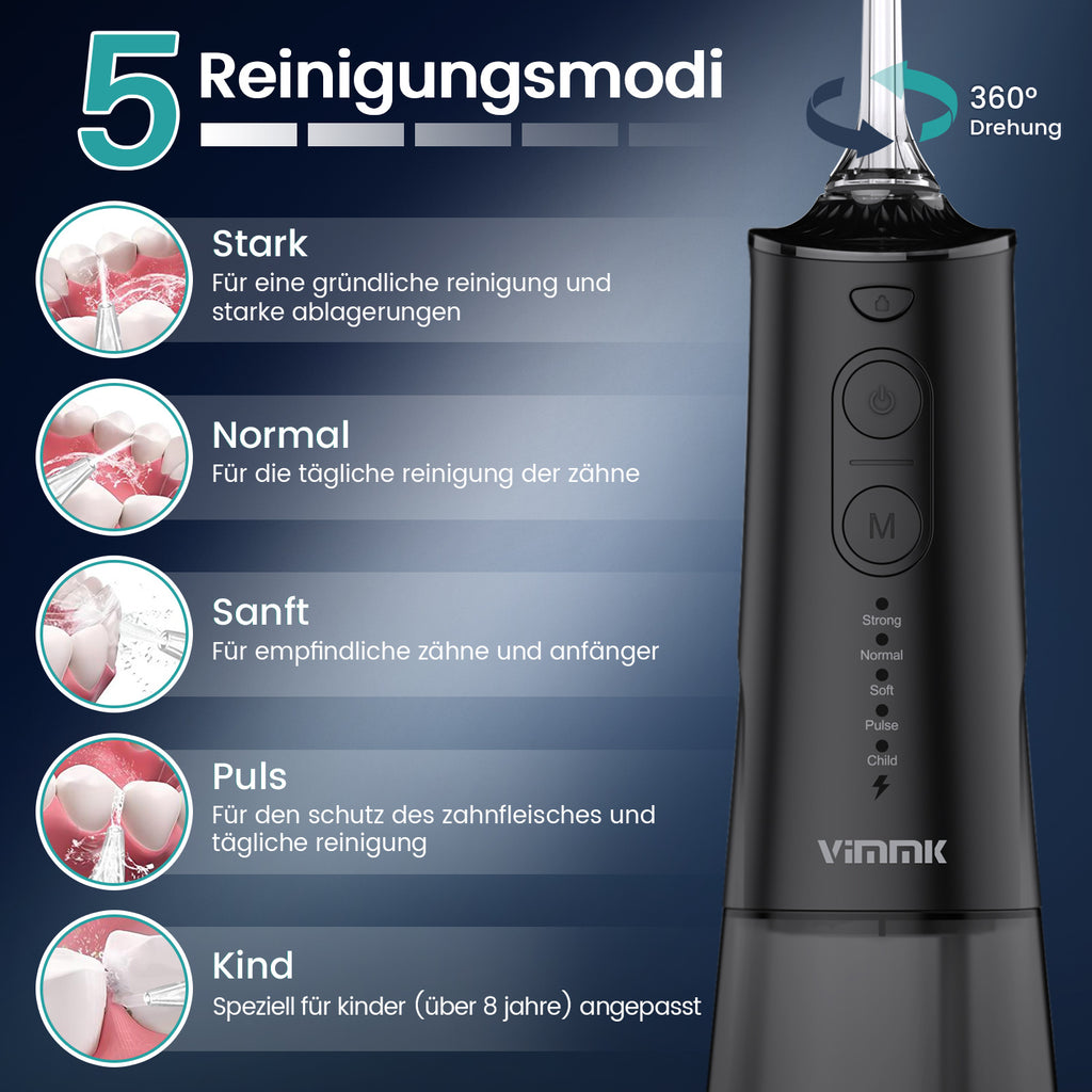 Munddusche Kabellos Elektrischer Zahnreiniger, Vimmk Zahndusche Water Flosser 5 Modi & 8 Düsen USB-C Wiederaufladbare Wasser Flosser IPX7 Wasserdicht, 300ML Wassertank Mund Reiniger(Schwarz)