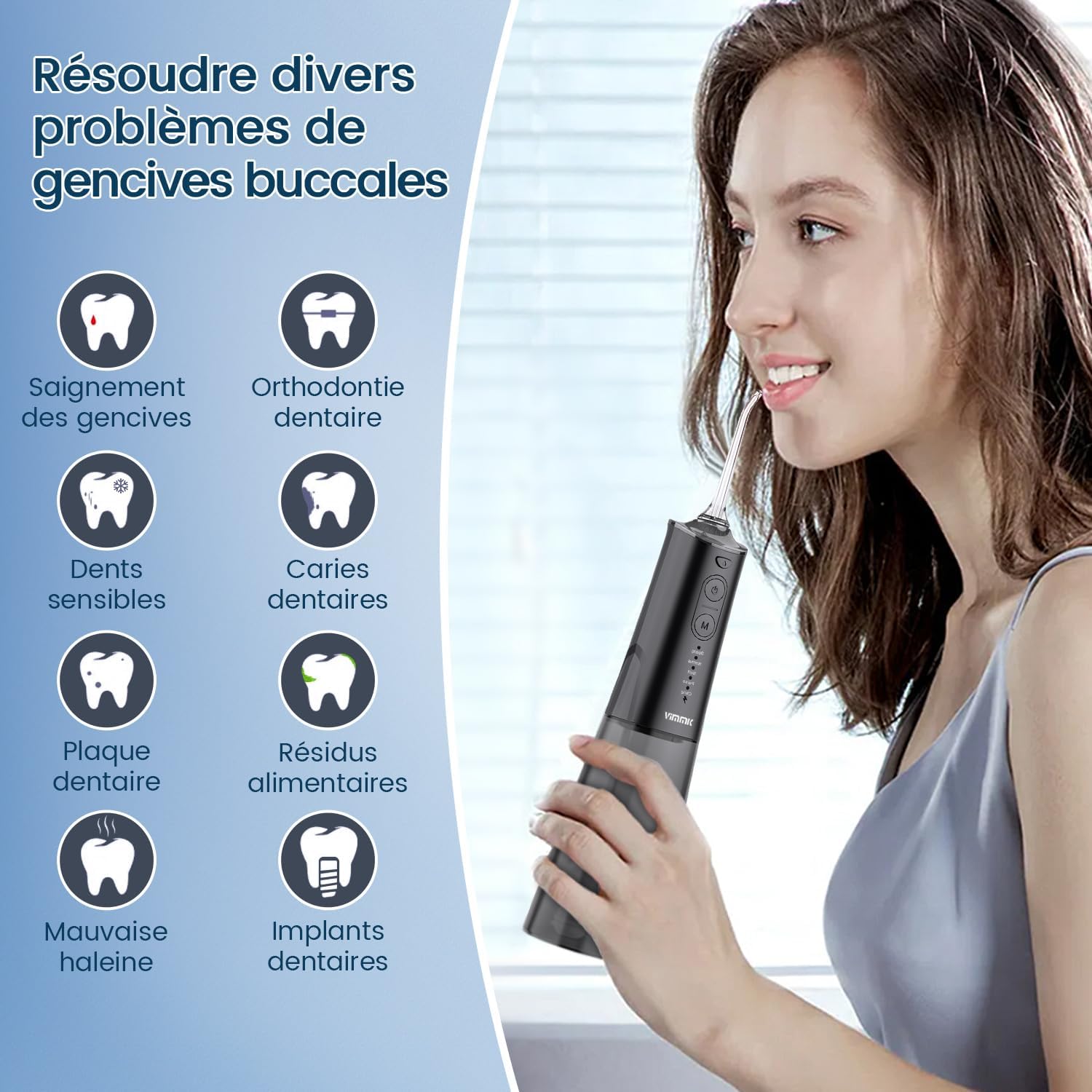 Jet Dentaire Hydropulseur et Irrigateurs Oral avec 5 Modes de Pression d'eau et 8 Embouts Remplaçables, Rechargeable et Étanche IPX7, Réservoir 300ML (Noir)