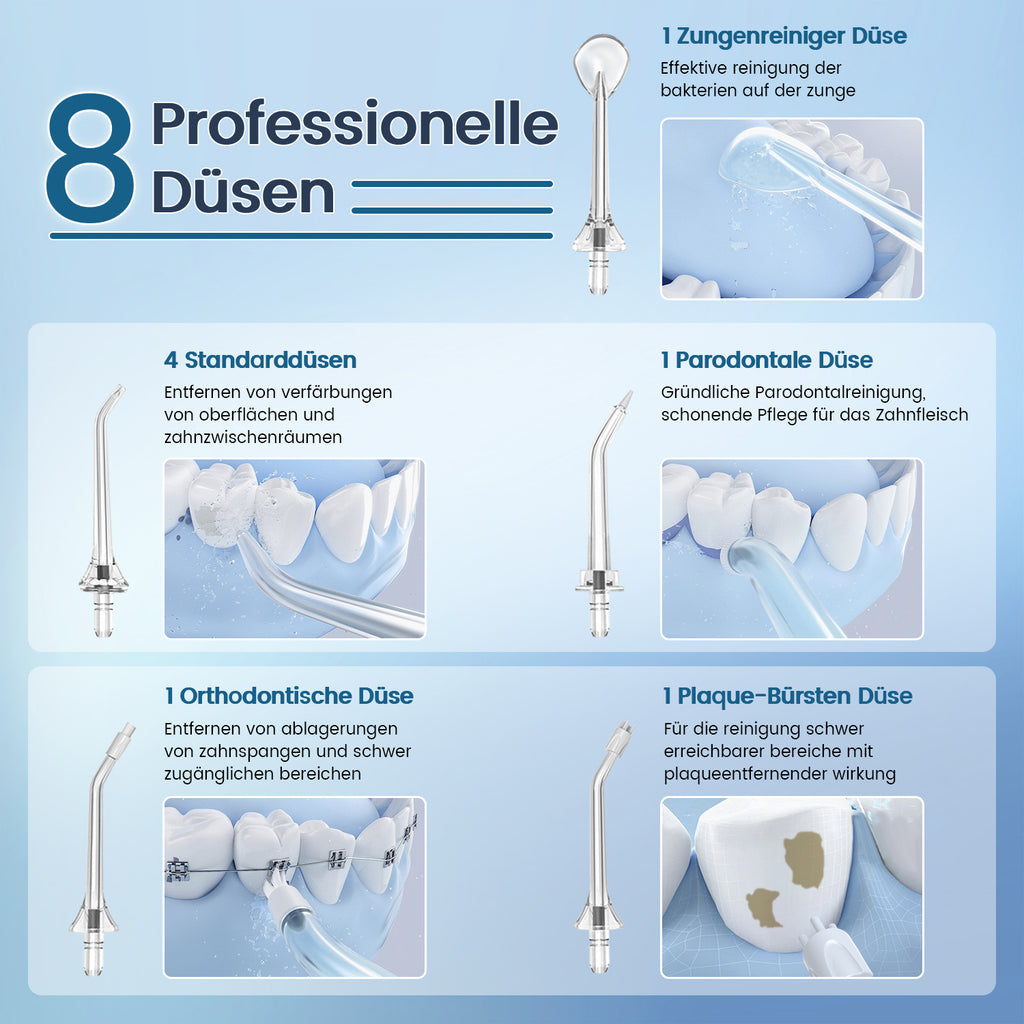 Munddusche Kabellos,Vimmk Elektrische Zahnreiniger Water Flosser 5 Modi & 8 Düsen, Tragbare Wasserflosser 300ML Zahndusche IPX7 Wasserdicht, Oral Munddusche Testsieger für Mundpflege & Reinigung(Weiß)