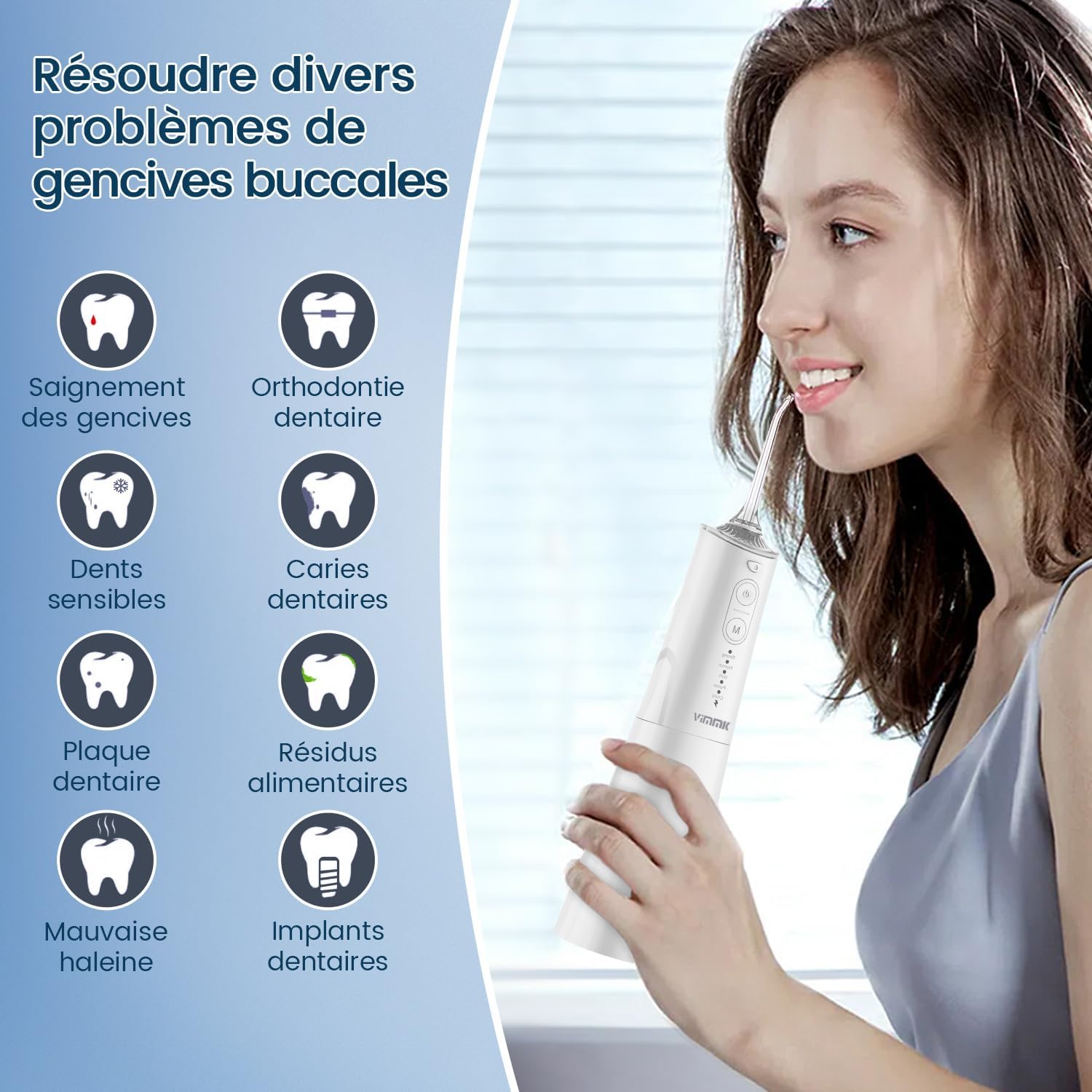 Jet Dentaire Hydropulseur et Irrigateurs Oral avec 5 Modes de Pression d'eau et 8 Embouts Remplaçables, Rechargeable et Étanche IPX7, Réservoir 300ML (Blanc)