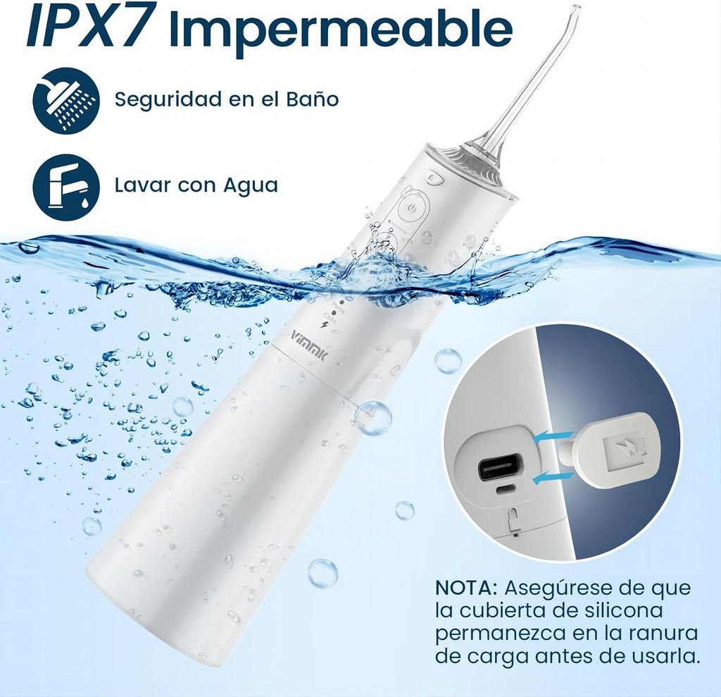 Irrigador Bucal Portatil, Vimmk Irrigador Dental Inalámbrico Profesional 8 Boquillas 5 Modos, IPX7 Impermeable 300ML USB-C Recargable Para Limpieza Dientes, Para el Hogar y los Viajes (Blanco)
