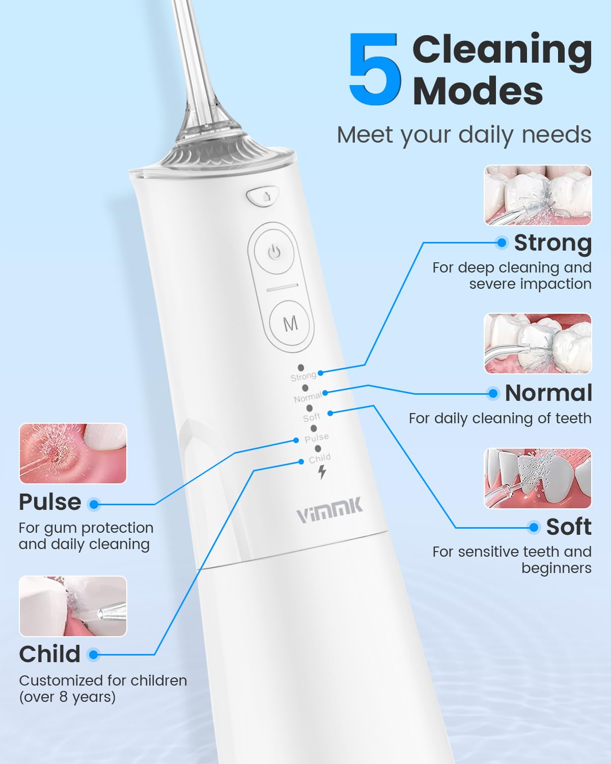 VIMMK Water Flosser, Cordless Water Dental Flosser, 9 Jet Tips 5 Modes 300ML IPX7 Waterproof, Portable Rechargeable Oral Irrigator for Home Travel - Gums, Orthodontic, Braces Care - White