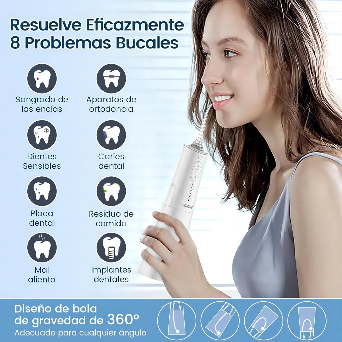 Irrigador Bucal Portatil, Vimmk Irrigador Dental Inalámbrico Profesional 8 Boquillas 5 Modos, IPX7 Impermeable 300ML USB-C Recargable Para Limpieza Dientes, Para el Hogar y los Viajes (Blanco)