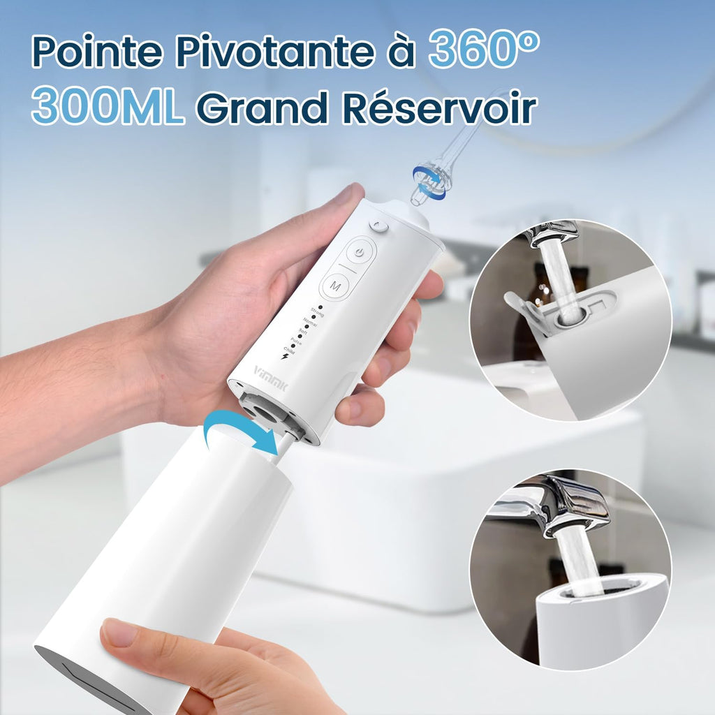 Jet Dentaire Hydropulseur et Irrigateurs Oral avec 5 Modes de Pression d'eau et 8 Embouts Remplaçables, Rechargeable et Étanche IPX7, Réservoir 300ML (Blanc)