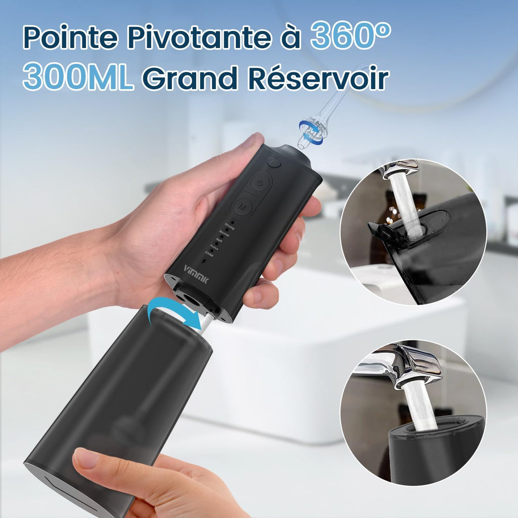 Jet Dentaire Hydropulseur et Irrigateurs Oral avec 5 Modes de Pression d'eau et 8 Embouts Remplaçables, Rechargeable et Étanche IPX7, Réservoir 300ML (Noir)