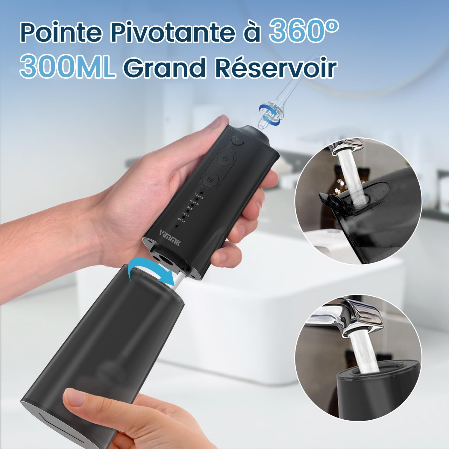 Jet Dentaire Hydropulseur et Irrigateurs Oral avec 5 Modes de Pression d'eau et 8 Embouts Remplaçables, Rechargeable et Étanche IPX7, Réservoir 300ML (Noir)