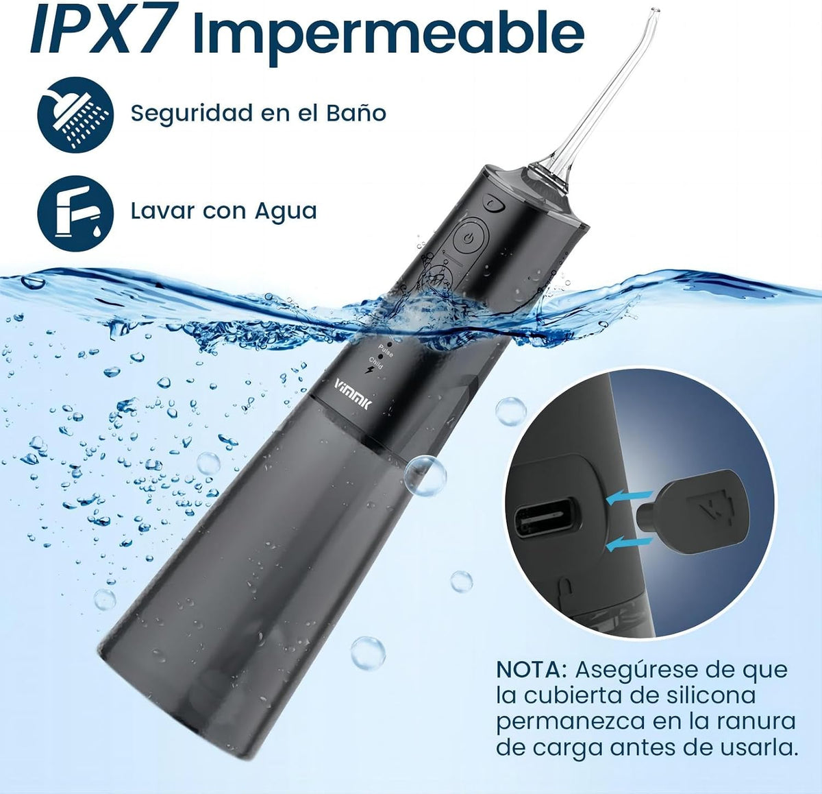 Irrigador Bucal Portatil, Vimmk Irrigador Dental Inalámbrico Profesional 8 Boquillas 5 Modos, IPX7 Impermeable 300ML USB-C Recargable Para Limpieza Dientes, Para el Hogar y los Viajes (Negro)