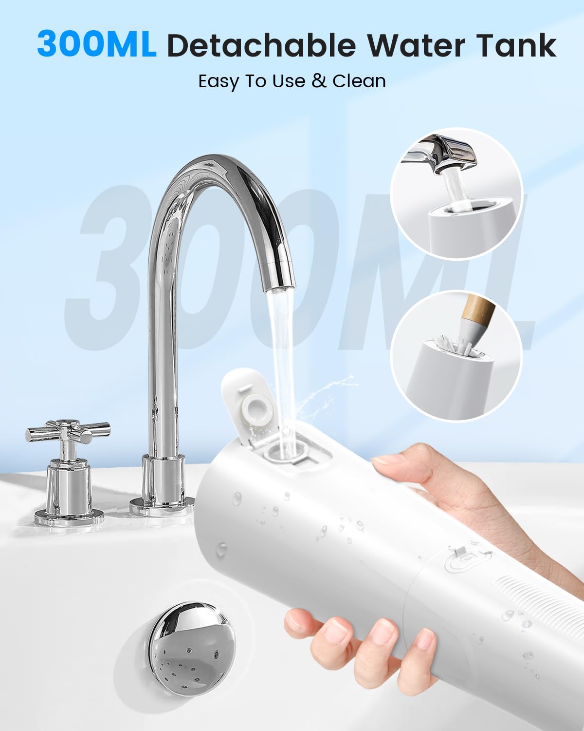 VIMMK Water Flosser, Cordless Water Dental Flosser, 9 Jet Tips 5 Modes 300ML IPX7 Waterproof, Portable Rechargeable Oral Irrigator for Home Travel - Gums, Orthodontic, Braces Care - White