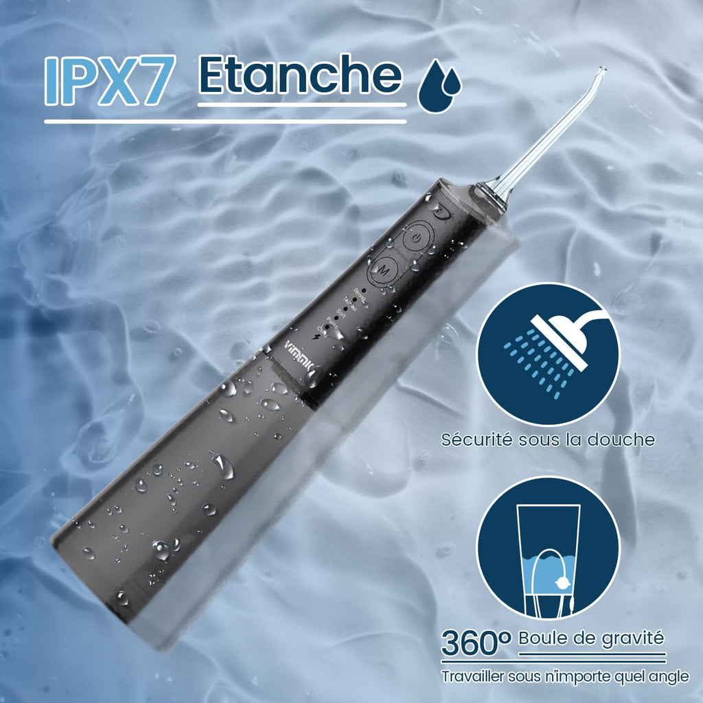 Jet Dentaire Hydropulseur et Irrigateurs Oral avec 5 Modes de Pression d'eau et 8 Embouts Remplaçables, Rechargeable et Étanche IPX7, Réservoir 300ML (Noir)