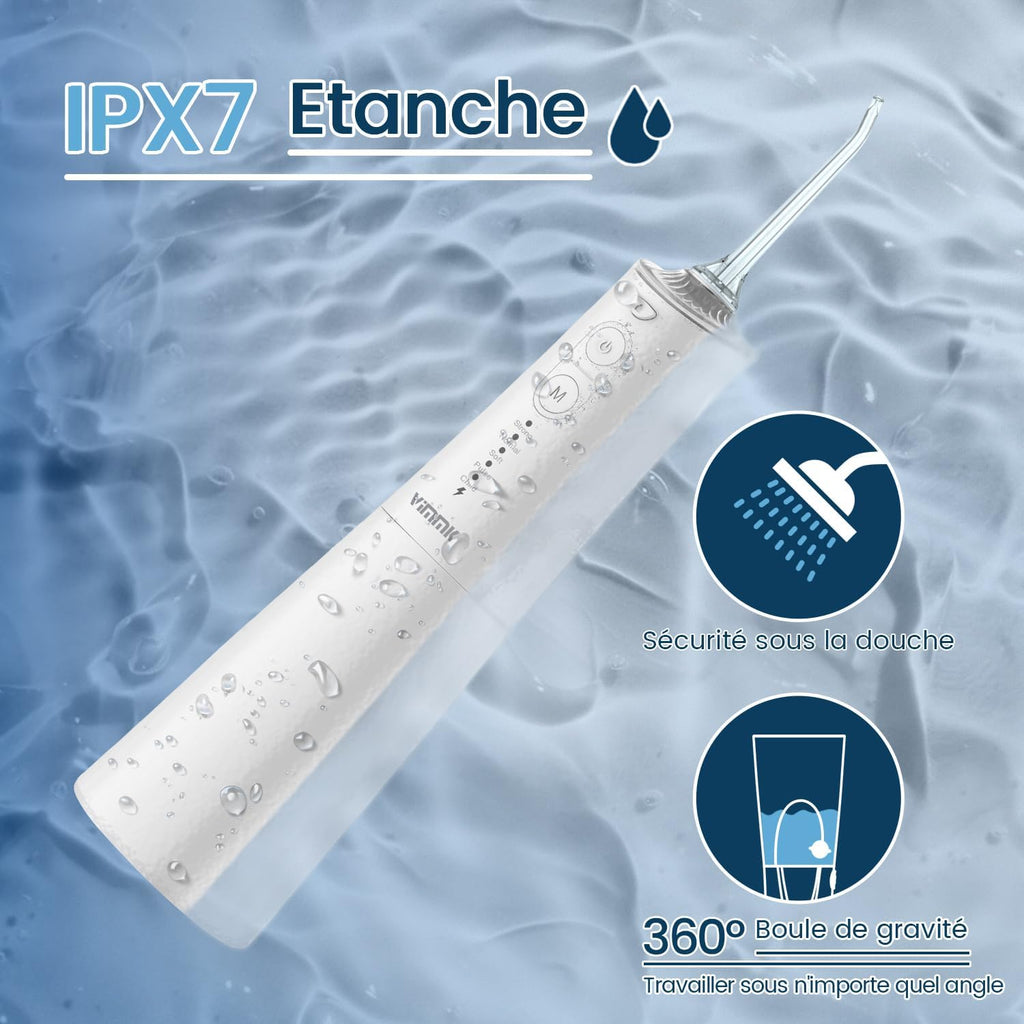 Jet Dentaire Hydropulseur et Irrigateurs Oral avec 5 Modes de Pression d'eau et 8 Embouts Remplaçables, Rechargeable et Étanche IPX7, Réservoir 300ML (Blanc)