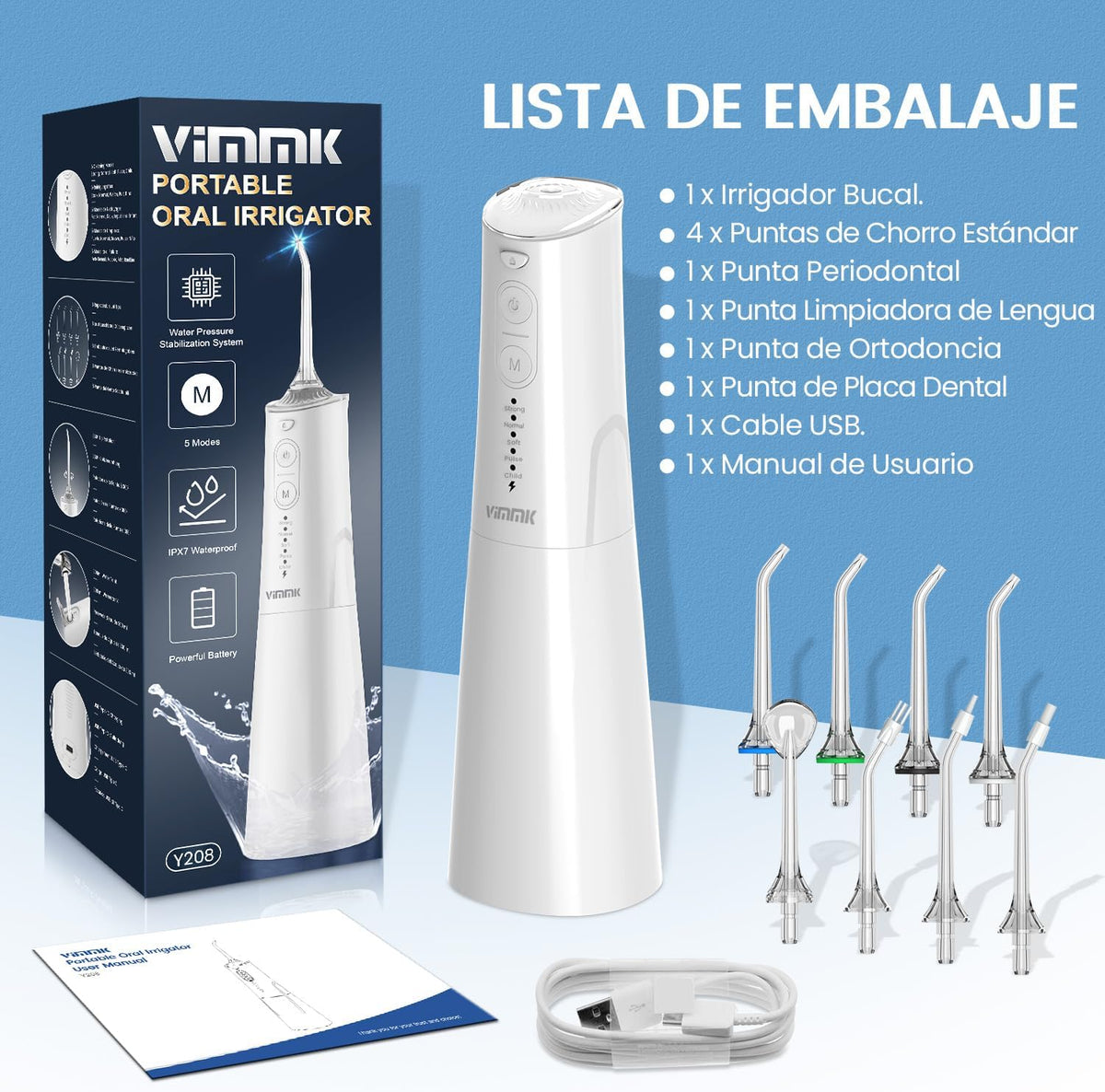 Irrigador Bucal Portatil, Vimmk Irrigador Dental Inalámbrico Profesional 8 Boquillas 5 Modos, IPX7 Impermeable 300ML USB-C Recargable Para Limpieza Dientes, Para el Hogar y los Viajes (Blanco)