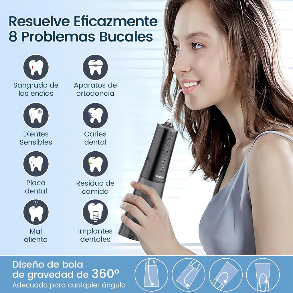 Irrigador Bucal Portatil, Vimmk Irrigador Dental Inalámbrico Profesional 8 Boquillas 5 Modos, IPX7 Impermeable 300ML USB-C Recargable Para Limpieza Dientes, Para el Hogar y los Viajes (Negro)