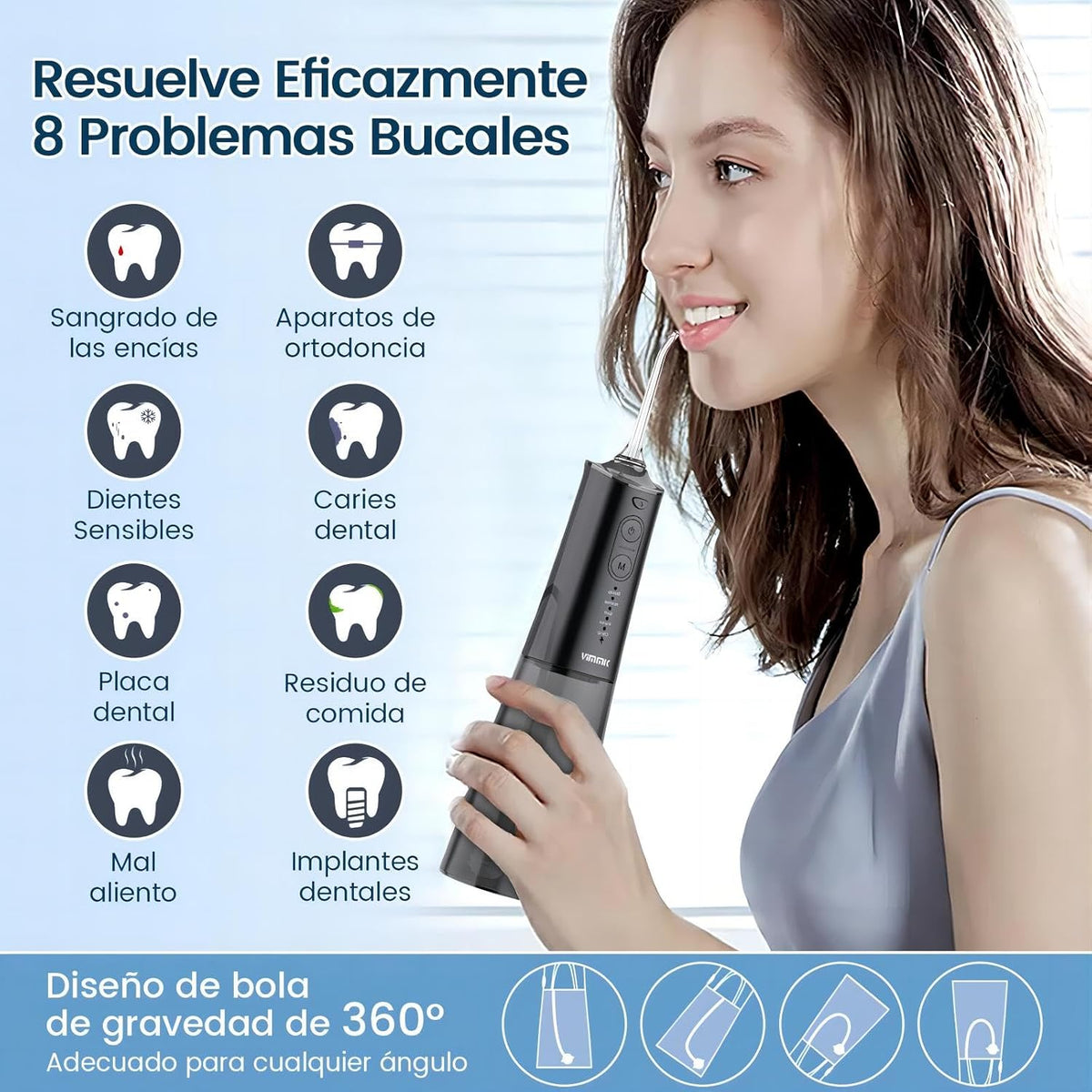 Irrigador Bucal Portatil, Vimmk Irrigador Dental Inalámbrico Profesional 8 Boquillas 5 Modos, IPX7 Impermeable 300ML USB-C Recargable Para Limpieza Dientes, Para el Hogar y los Viajes (Negro)