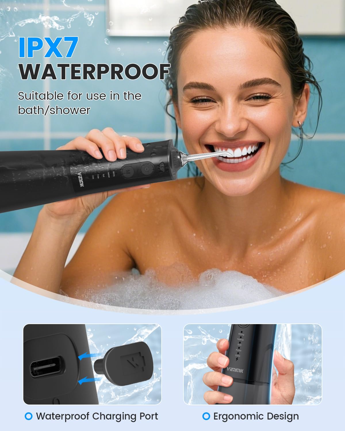 VIMMK Water Flosser, Cordless Water Dental Flosser, 9 Jet Tips 5 Modes 300ML IPX7 Waterproof, Portable Rechargeable Oral Irrigator for Home Travel - Gums, Orthodontic, Braces Care - Black