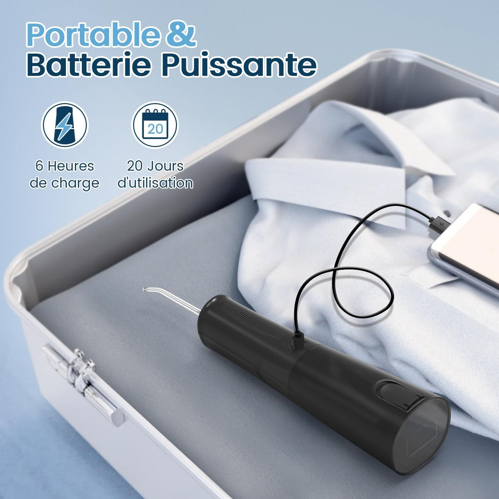 Jet Dentaire Hydropulseur et Irrigateurs Oral avec 5 Modes de Pression d'eau et 8 Embouts Remplaçables, Rechargeable et Étanche IPX7, Réservoir 300ML (Noir)