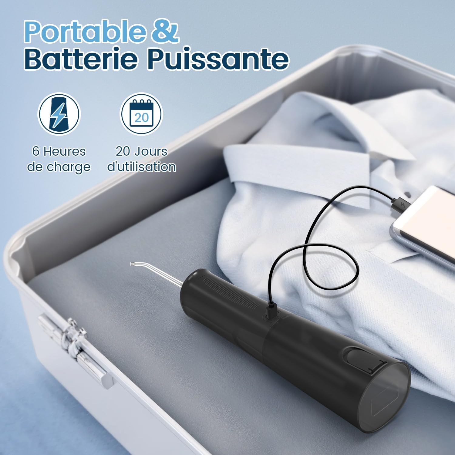 Jet Dentaire Hydropulseur et Irrigateurs Oral avec 5 Modes de Pression d'eau et 8 Embouts Remplaçables, Rechargeable et Étanche IPX7, Réservoir 300ML (Noir)