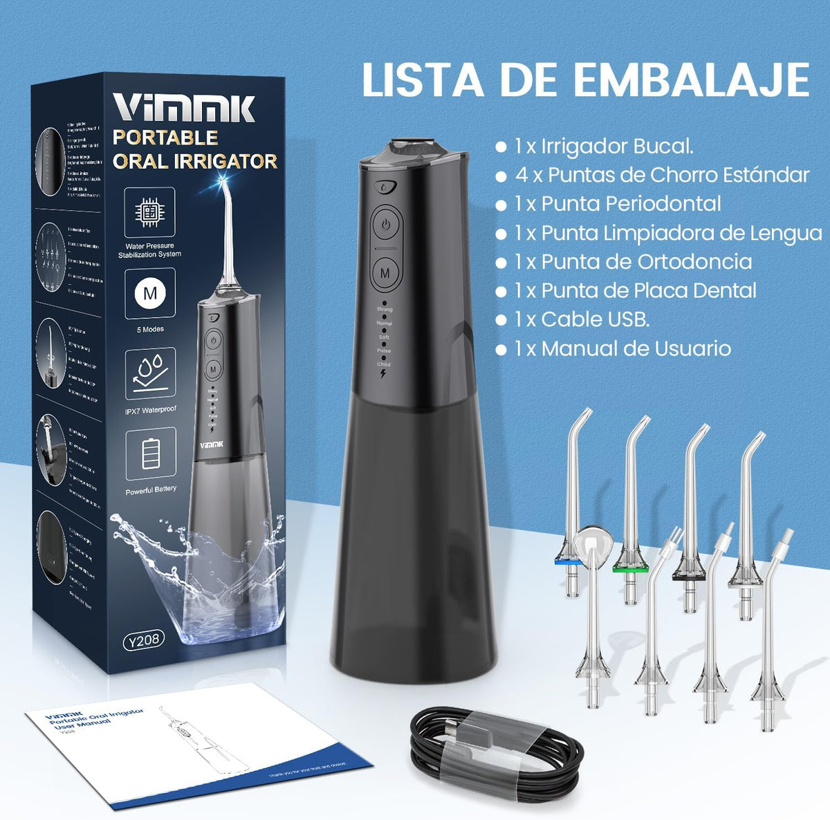 Irrigador Bucal Portatil, Vimmk Irrigador Dental Inalámbrico Profesional 8 Boquillas 5 Modos, IPX7 Impermeable 300ML USB-C Recargable Para Limpieza Dientes, Para el Hogar y los Viajes (Negro)