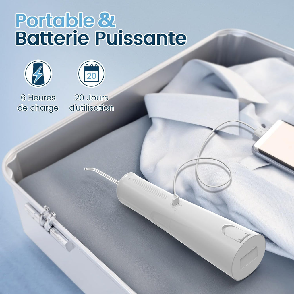 Jet Dentaire Hydropulseur et Irrigateurs Oral avec 5 Modes de Pression d'eau et 8 Embouts Remplaçables, Rechargeable et Étanche IPX7, Réservoir 300ML (Blanc)