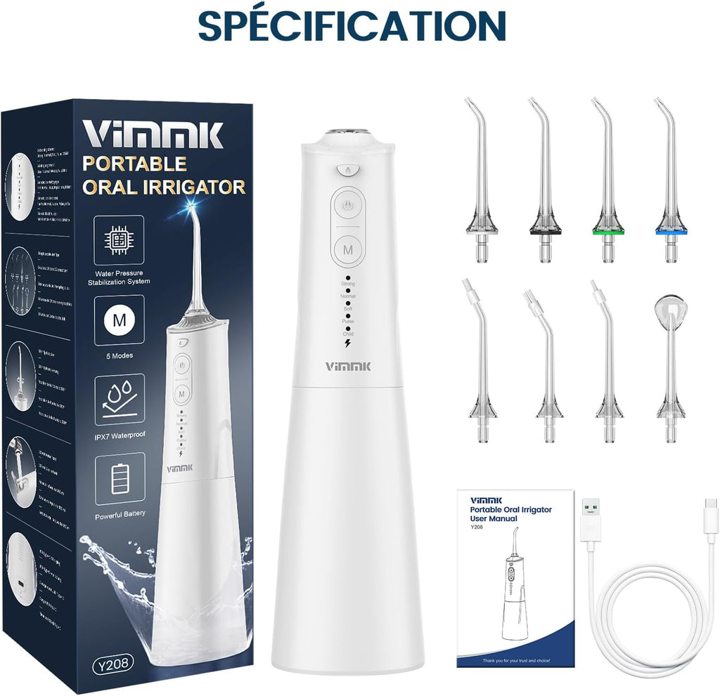Jet Dentaire Hydropulseur et Irrigateurs Oral avec 5 Modes de Pression d'eau et 8 Embouts Remplaçables, Rechargeable et Étanche IPX7, Réservoir 300ML (Blanc)