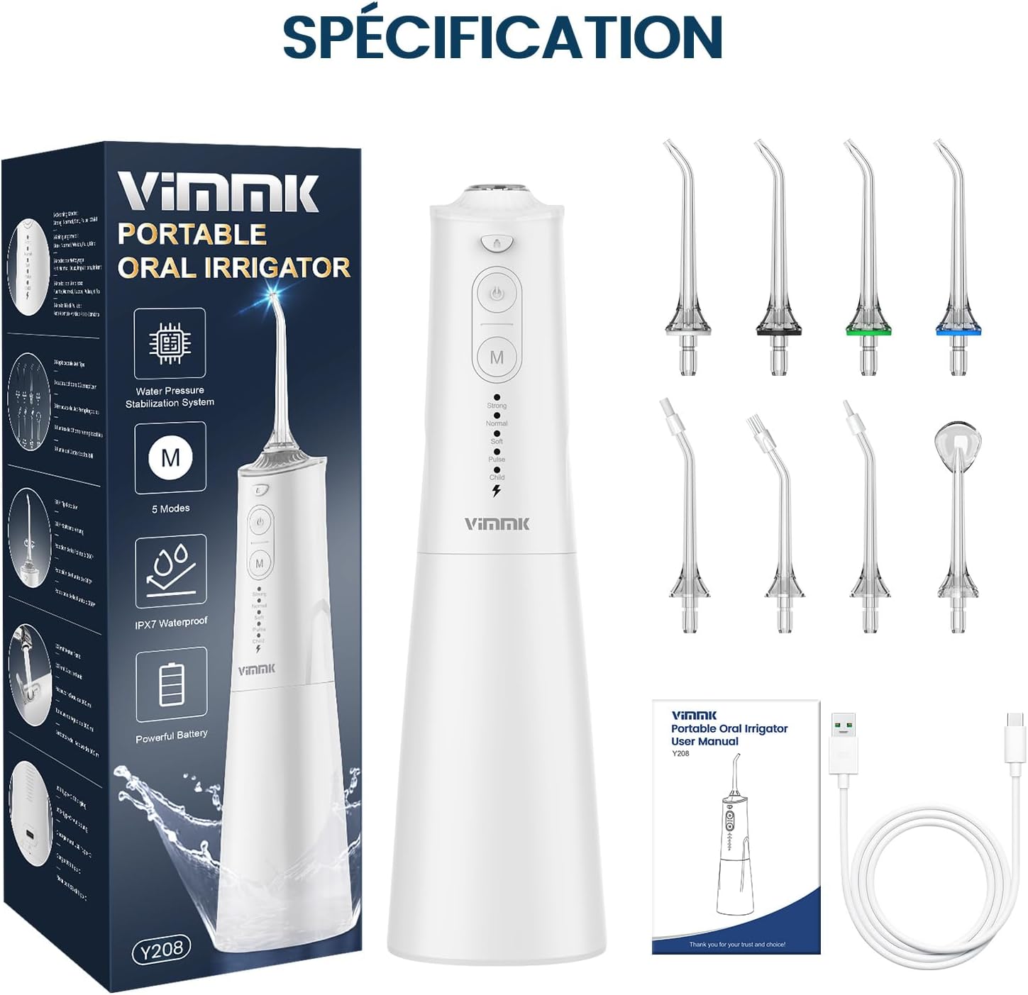 Jet Dentaire Hydropulseur et Irrigateurs Oral avec 5 Modes de Pression d'eau et 8 Embouts Remplaçables, Rechargeable et Étanche IPX7, Réservoir 300ML (Blanc)