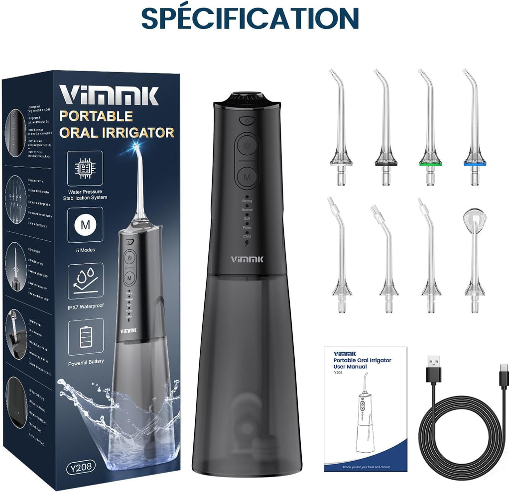 Jet Dentaire Hydropulseur et Irrigateurs Oral avec 5 Modes de Pression d'eau et 8 Embouts Remplaçables, Rechargeable et Étanche IPX7, Réservoir 300ML (Noir)