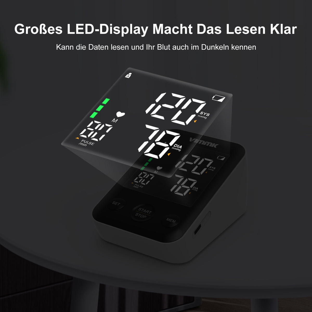 Vimmk Blutdruckmessgerät Oberarm Digital Messgerät Bluthochdruck LED Display, Arrhythmie-Erkennung & Pulsmessung, 2x120 Speicher, Manschette 22-40cm