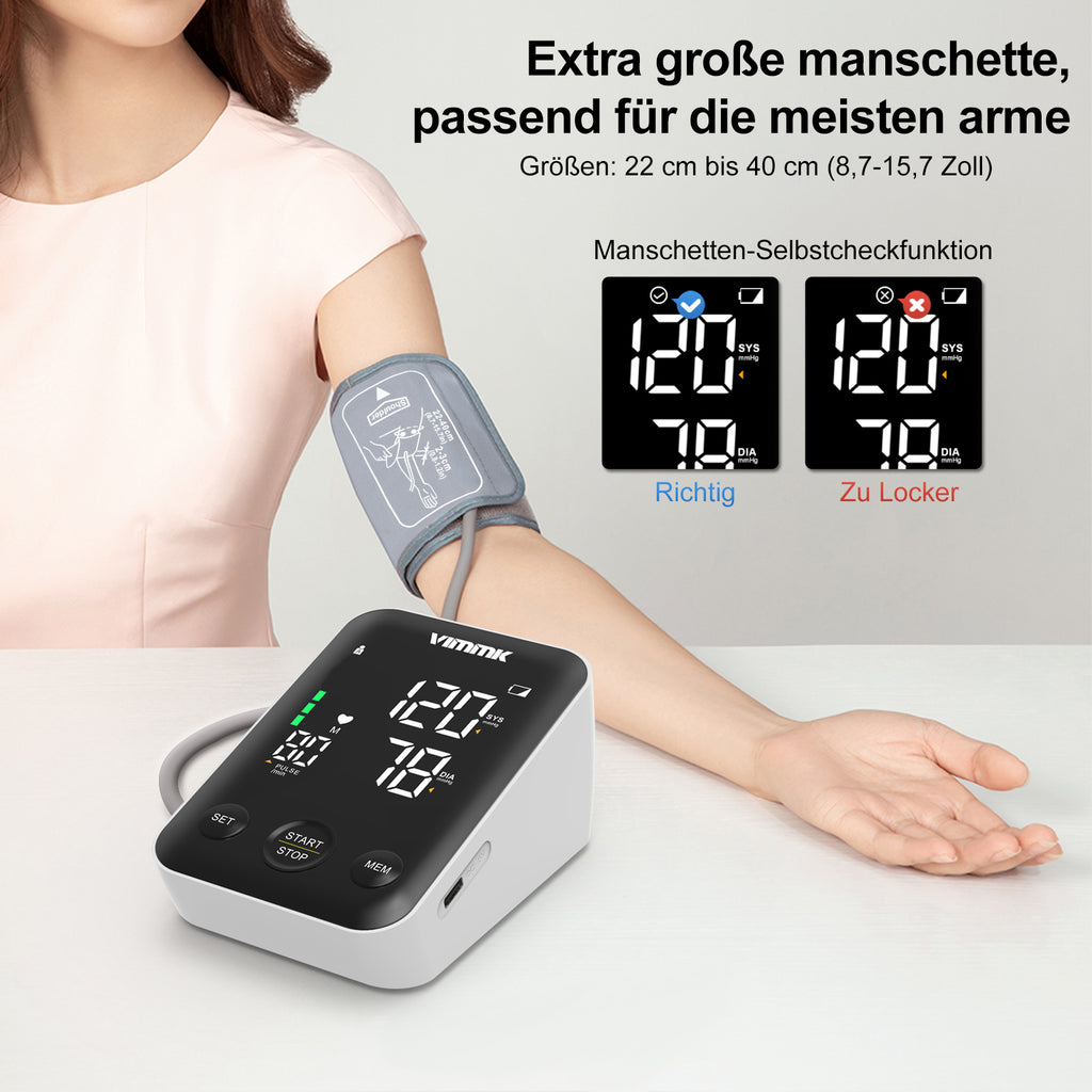 Vimmk Blutdruckmessgerät Oberarm Digital Messgerät Bluthochdruck LED Display, Arrhythmie-Erkennung & Pulsmessung, 2x120 Speicher, Manschette 22-40cm