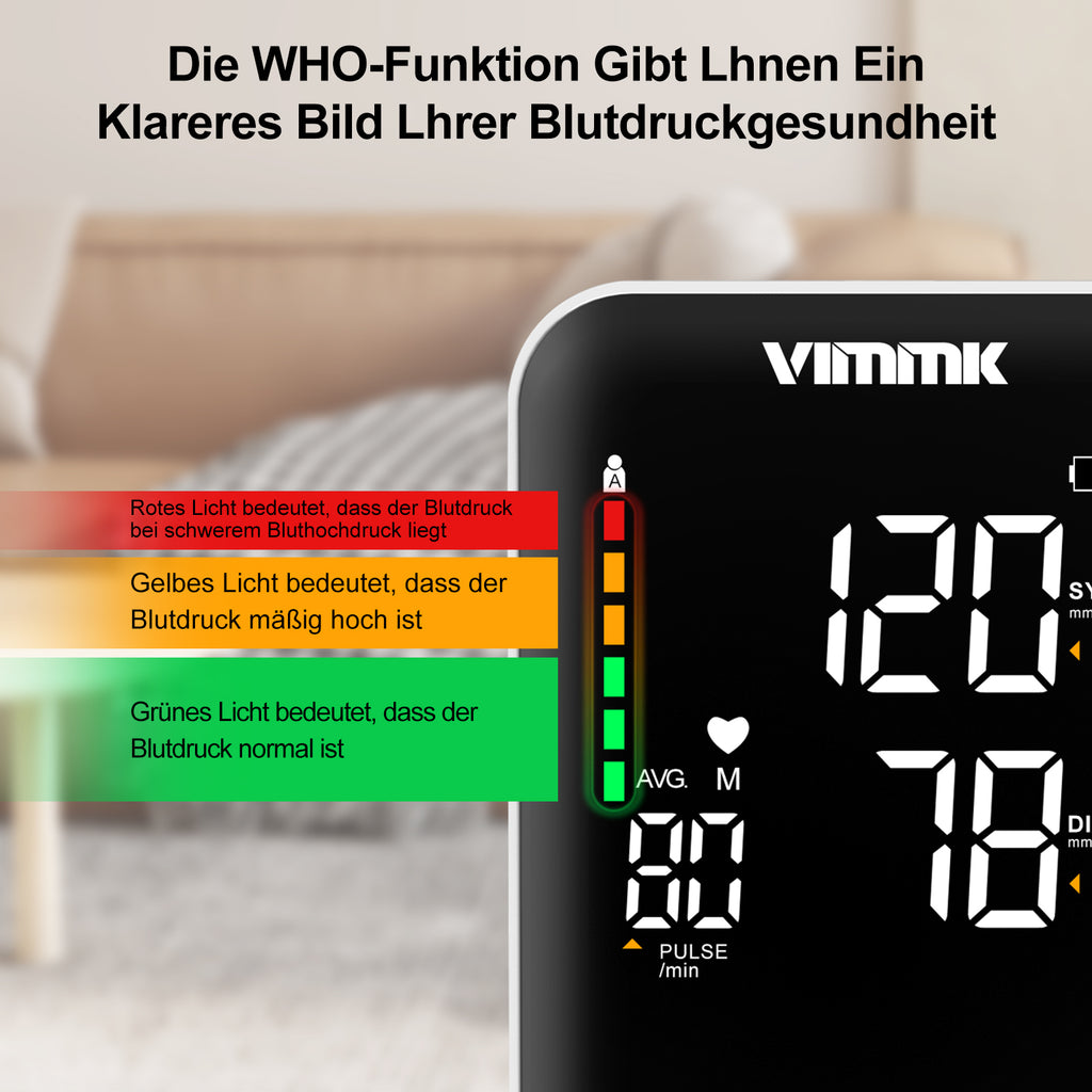 Vimmk Blutdruckmessgerät Oberarm Digital Messgerät Bluthochdruck LED Display, Arrhythmie-Erkennung & Pulsmessung, 2x120 Speicher, Manschette 22-40cm