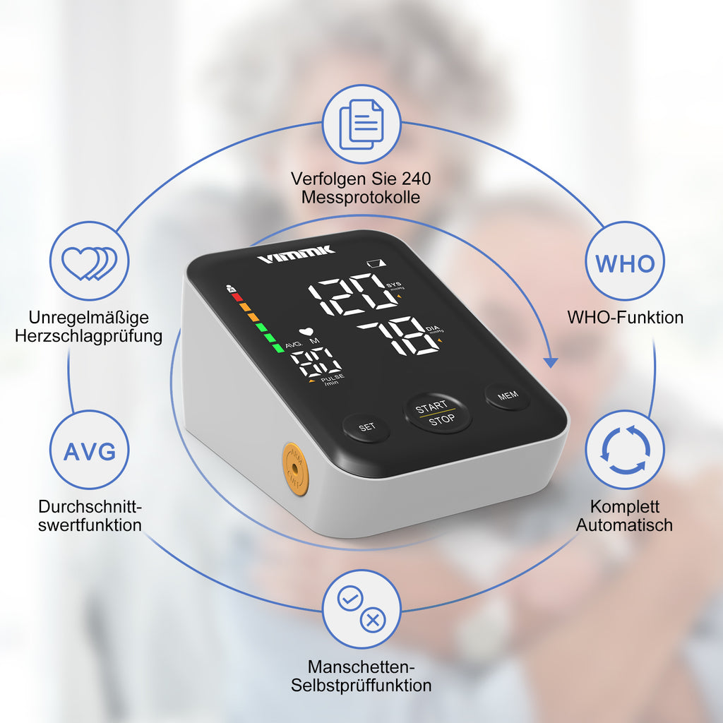 Vimmk Blutdruckmessgerät Oberarm Digital Messgerät Bluthochdruck LED Display, Arrhythmie-Erkennung & Pulsmessung, 2x120 Speicher, Manschette 22-40cm